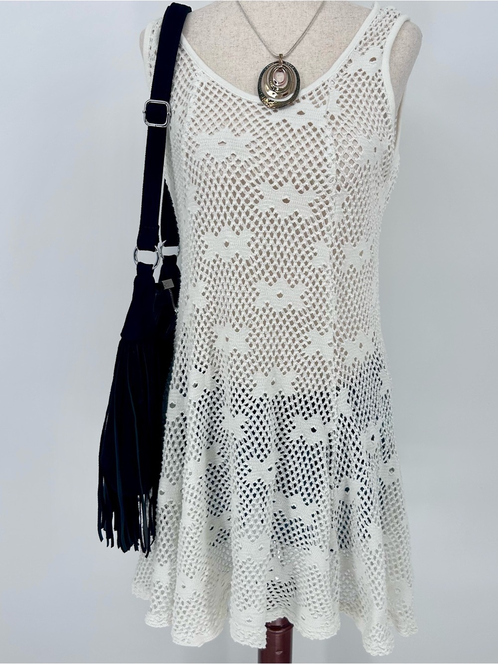 Vintage Y2K White Crochet Mesh Floral Dress Boho Fairycore Cover Up Mini